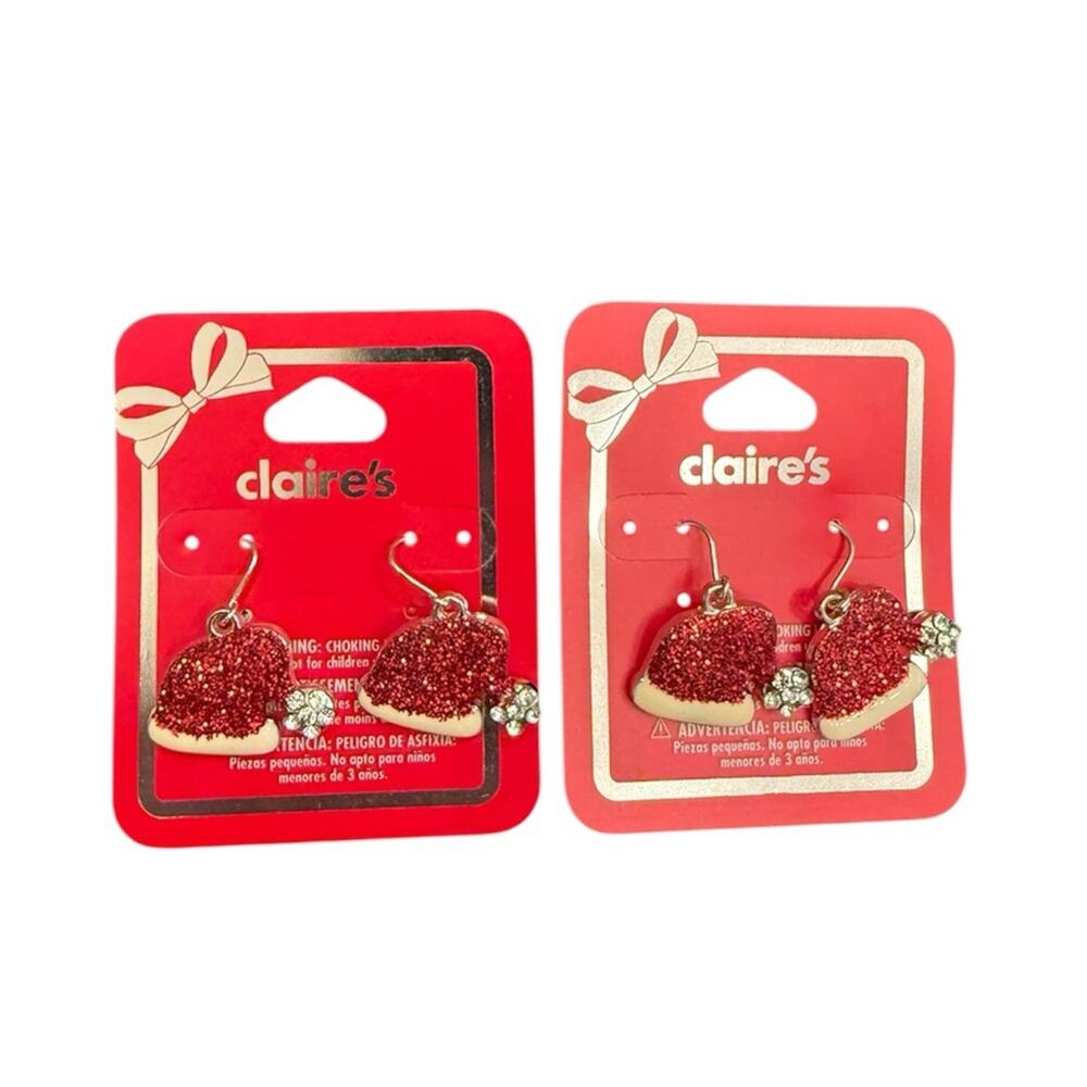 NEW Claire's Accessories Santa Hat Dangly Earrings Red Glitter